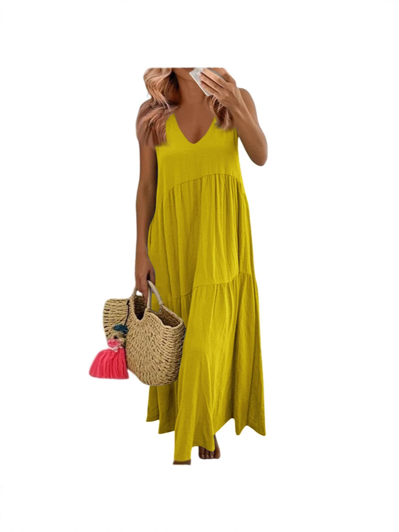 2025 Summer Cotton Women's V-Neck Sleeveless Casual Bohemian Cascading Day Dress Modest Beach Long Dress