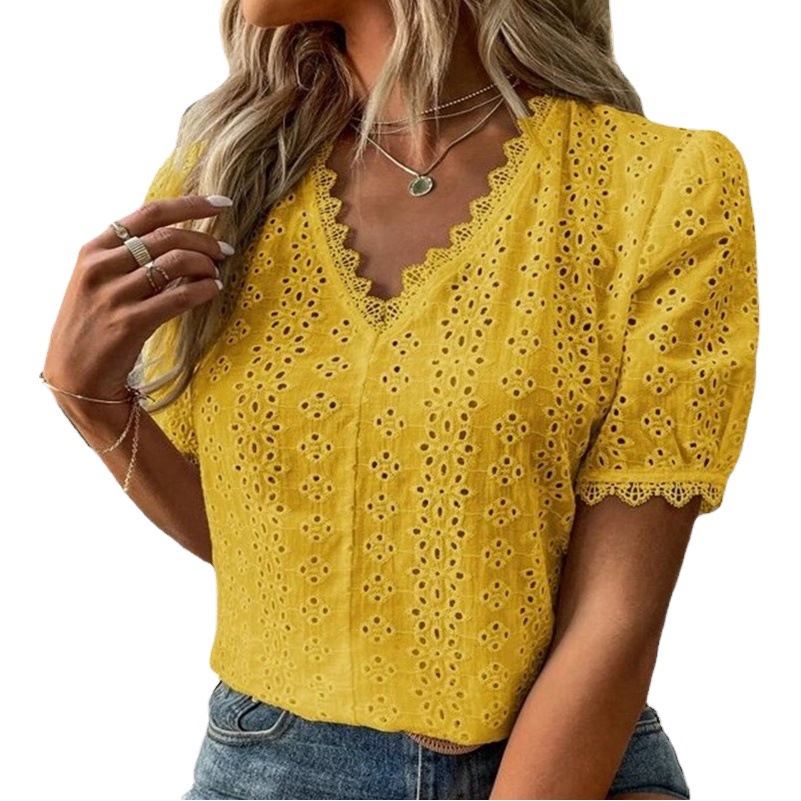 Picture of Summer New Amazon Ebay Independent Station European and American Summer New Pure Color Short-Sleeved Cut Out Shirt Cross-Border Spot
