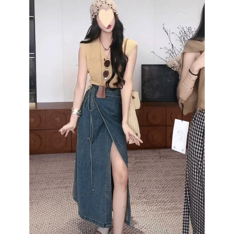 Hong Kong Style Retro Mid-Length Design One-Piece Waist Tie Slit Design Denim Skirt Women's Trendy Skirt