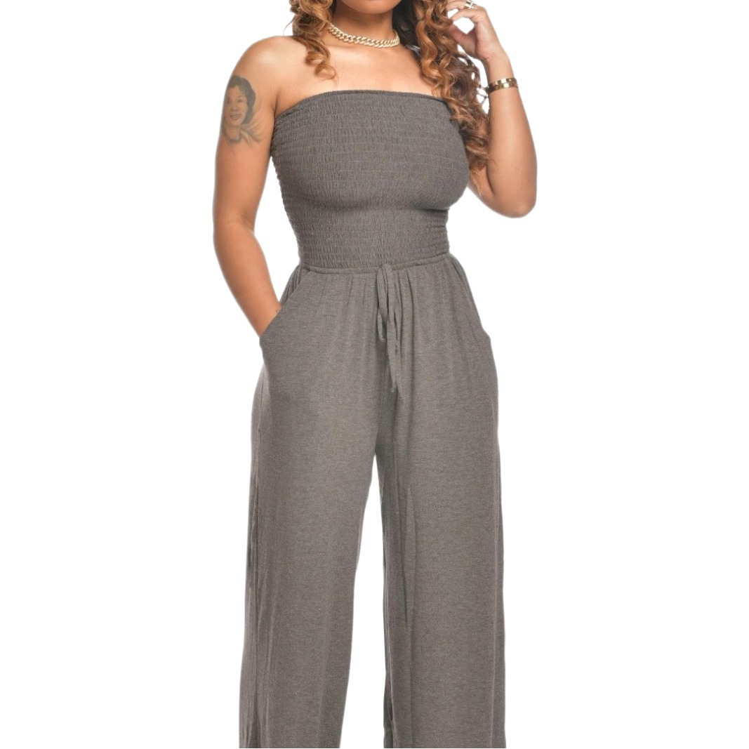Picture of 2025 Amazon Aliexpress Cross-Border European and American Clothing Casual Flat Shoulder Wrapped Chest Wide Leg Jumpsuit Jumpsuit Women's Clothing