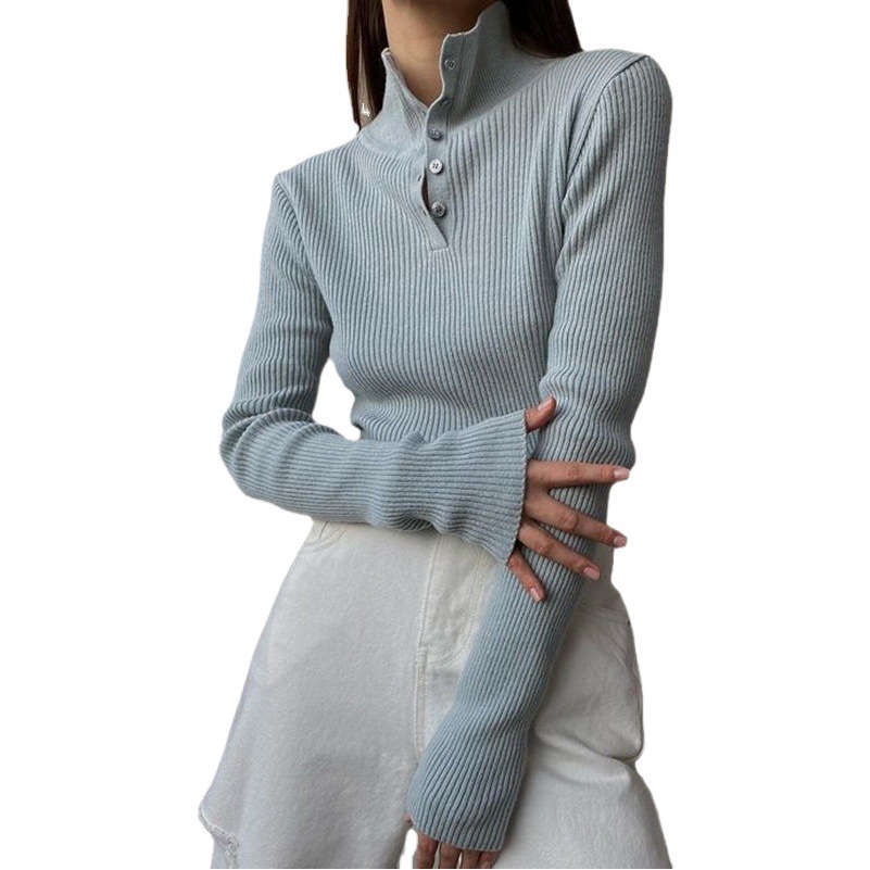 2023 Cross-border Ins Retro-breasted Half-turtleneck Pullover Autumn and Winter Inner Wear Outer Wear Slim-fit Base Sweater