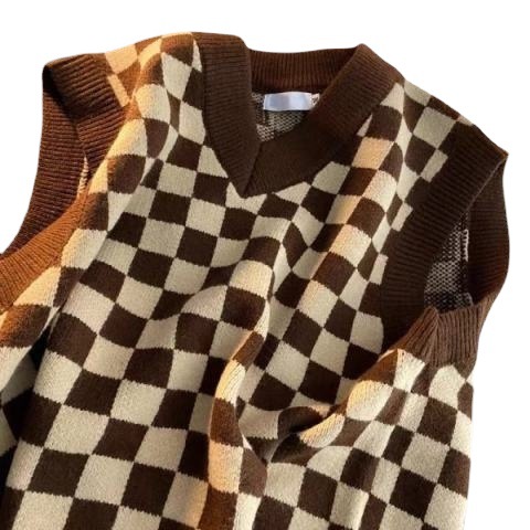 Picture of Spring and Autumn 2022 New Vest Knitted Women's Checkerboard V-Neck Top Lazy Style Outer Sweater Jacket