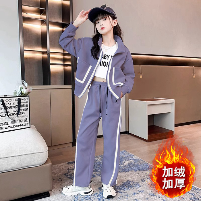 Picture of Girls' 2024 New Autumn and Winter Sports suit Girls' Straight Pants Slim-fit fleece-lined Thickened Two-piece Set