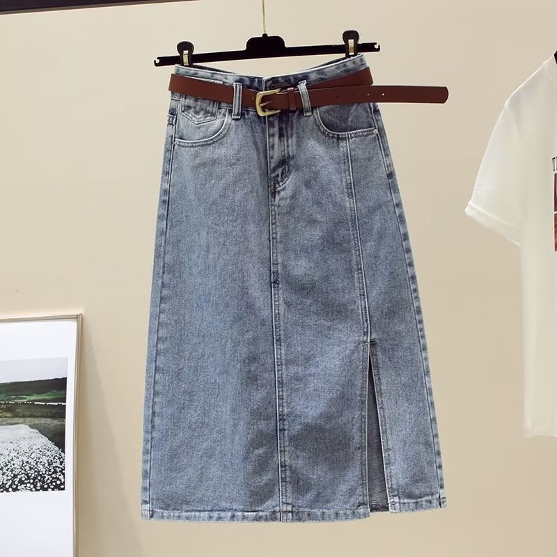 Retro high-waisted denim skirt women's 2025 new design niche mid-length A-line slit skirt summer