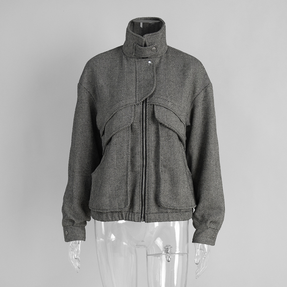 Picture of Cross-border herringbone pattern stand-up collar jacket Europe and the United States 2025 autumn/winter new zippered top with pocket loose woolen jacket