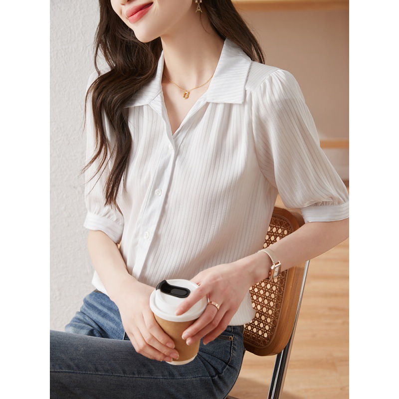 Picture of Half sleeve white shirt women's summer thin design V-neck shirt commuter shoulder short sleeve chiffon top