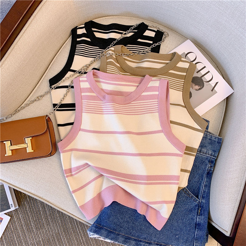 French Sweet Spice Striped Sleeveless Ice Silk Knit Women's Summer New Short Casual Top for Women