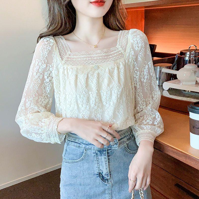 Picture of Lace Base Shirt Women's Wear Autumn and Winter 2024 New Fashion Western Style Square Collar Chiffon Shirt All-match Top