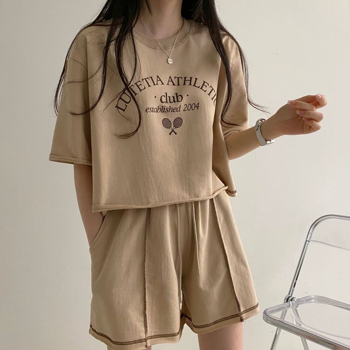 100 Cotton Containing Two-piece Suit Women's Loose Korean Style Summer Casual Short-sleeved Shorts Women's Instagram Style Fashionable plus size