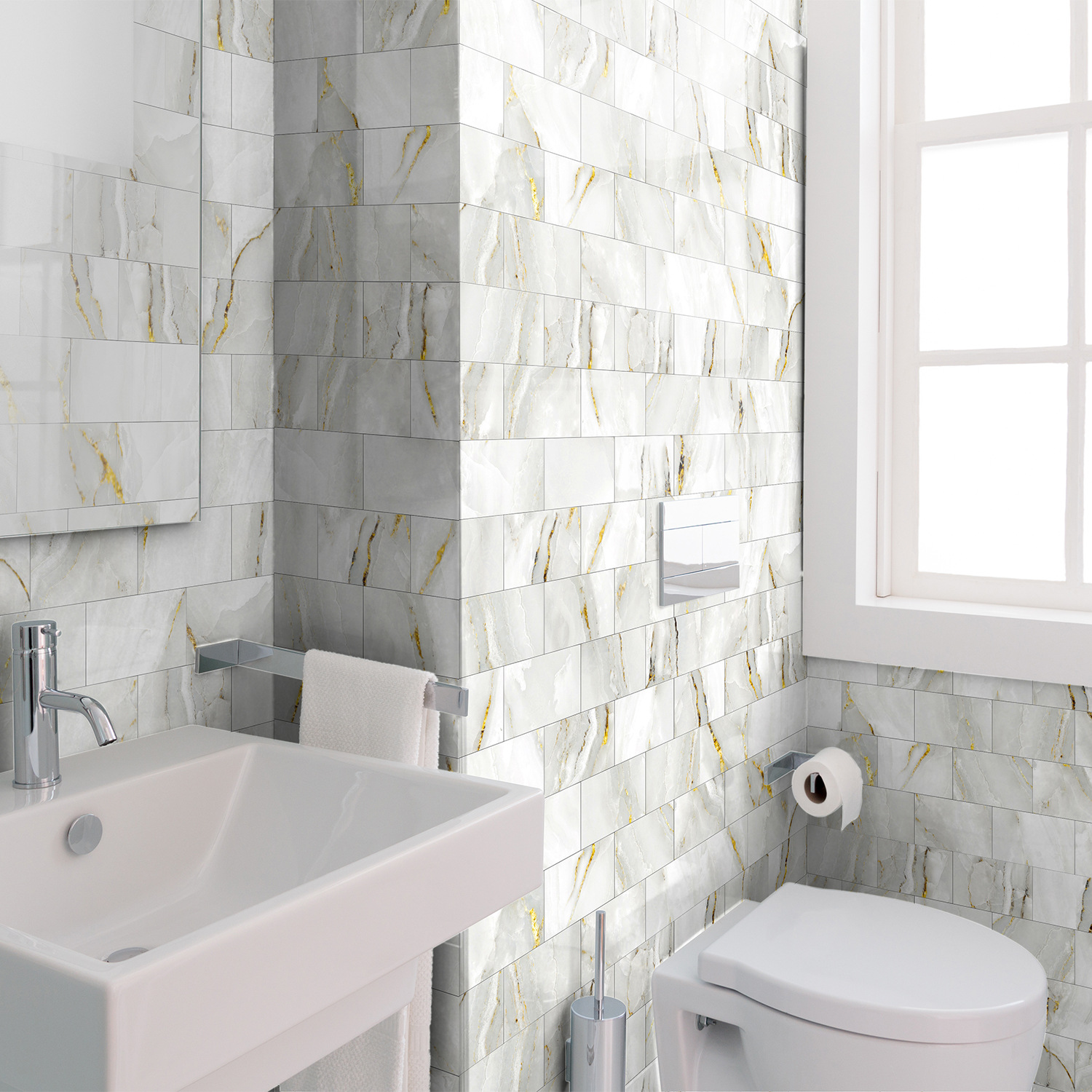 Picture of Crystal Marble Tile Wall Stickers Thickened PET Waterproof Self-adhesive Wallpaper for Kitchen Living Room Wall Decoration Cross Border