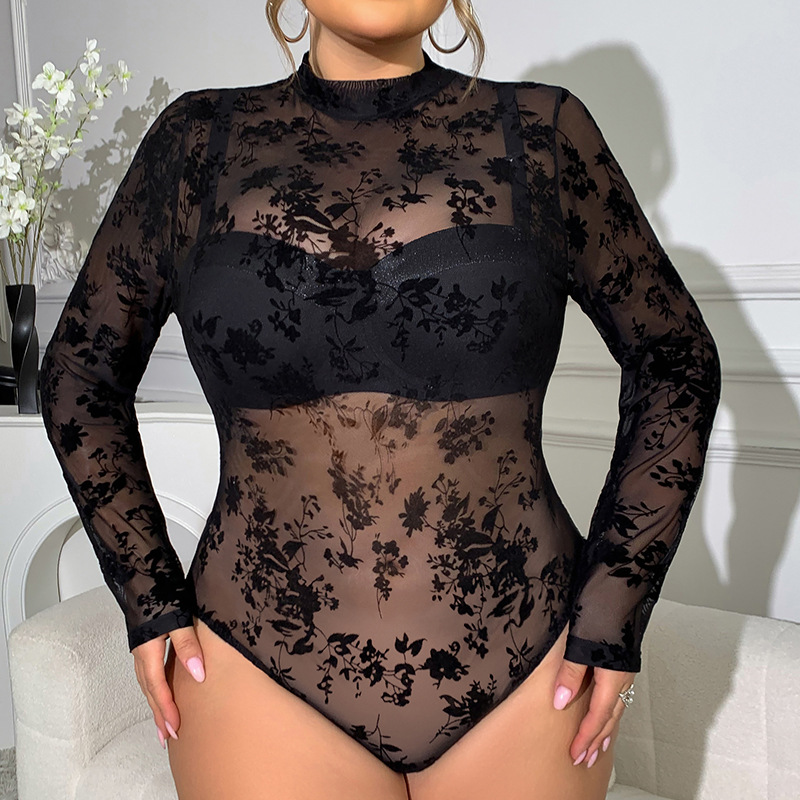Plus Size mm Sexy Lace Jumpsuit Flocked Printed Long-Sleeved Mesh See-Through Slim-Fitting Sexy Bottoming Shirt