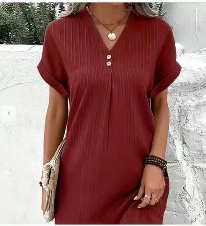 Picture of Cross-border European and American Women's 2023 New Amazon V-neck Solid Color Pullover Comfortable Casual Button Dress