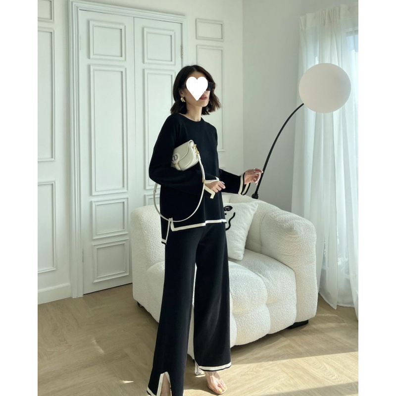 Cross-Border Foreign Trade Spring and Autumn New Color-Blocking Slit Long-Sleeve Knit Top and High-Waisted Slimming Wide-Leg Pants Two-Piece Set