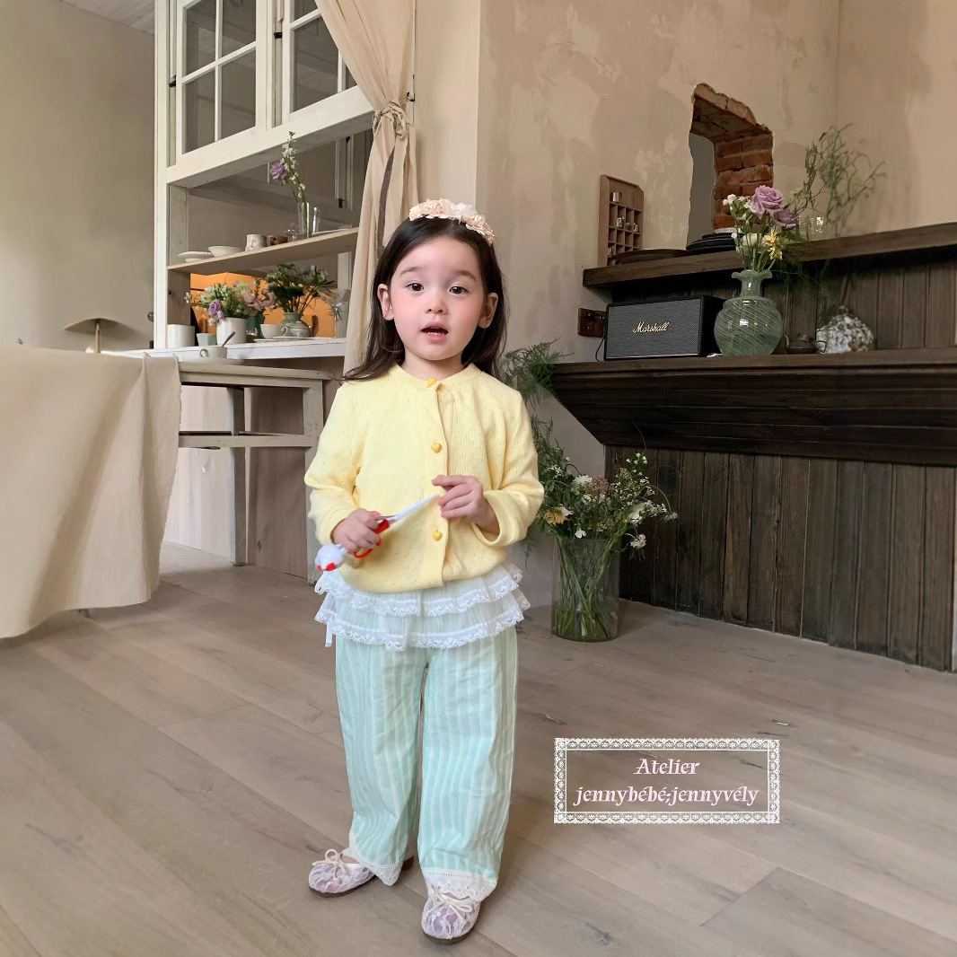 2025 Autumn Children's Clothing Girls Suit Korean Style Hollow Cardigan Top Baby Girl Fresh Green Striped Pants