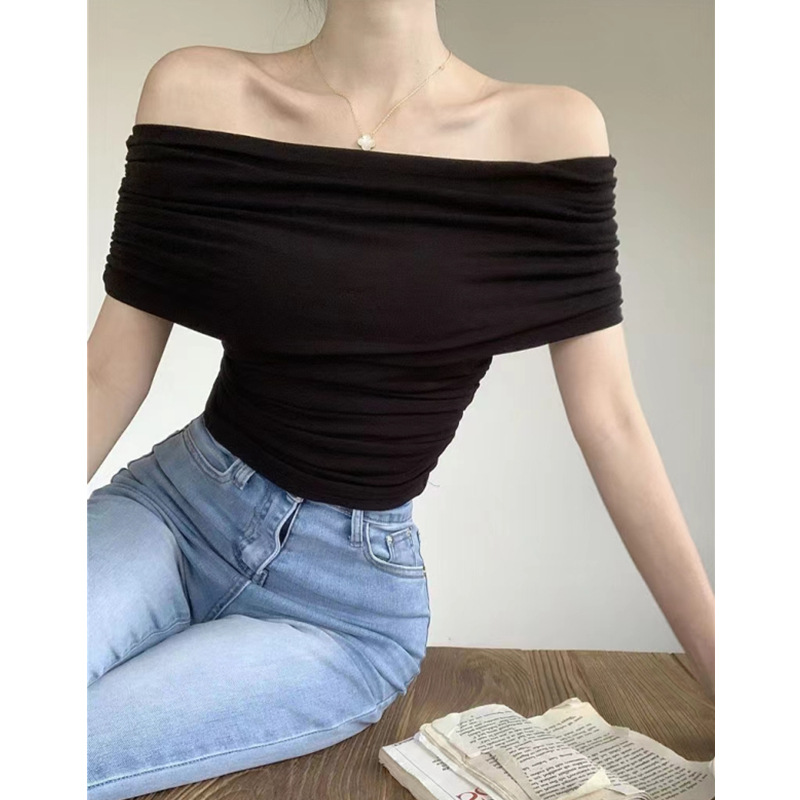 Picture of Shoulder Collar Chic Beautiful Knitted Top 2024 Summer New Slim-fit Slimming Sexy Short-sleeved Shirt for Women