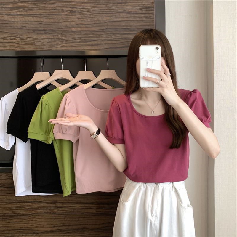 Puff Sleeve T-Shirt for Women Summer 2025 New French Design Low Round Neck Slim Slim Short-Sleeved Student Top
