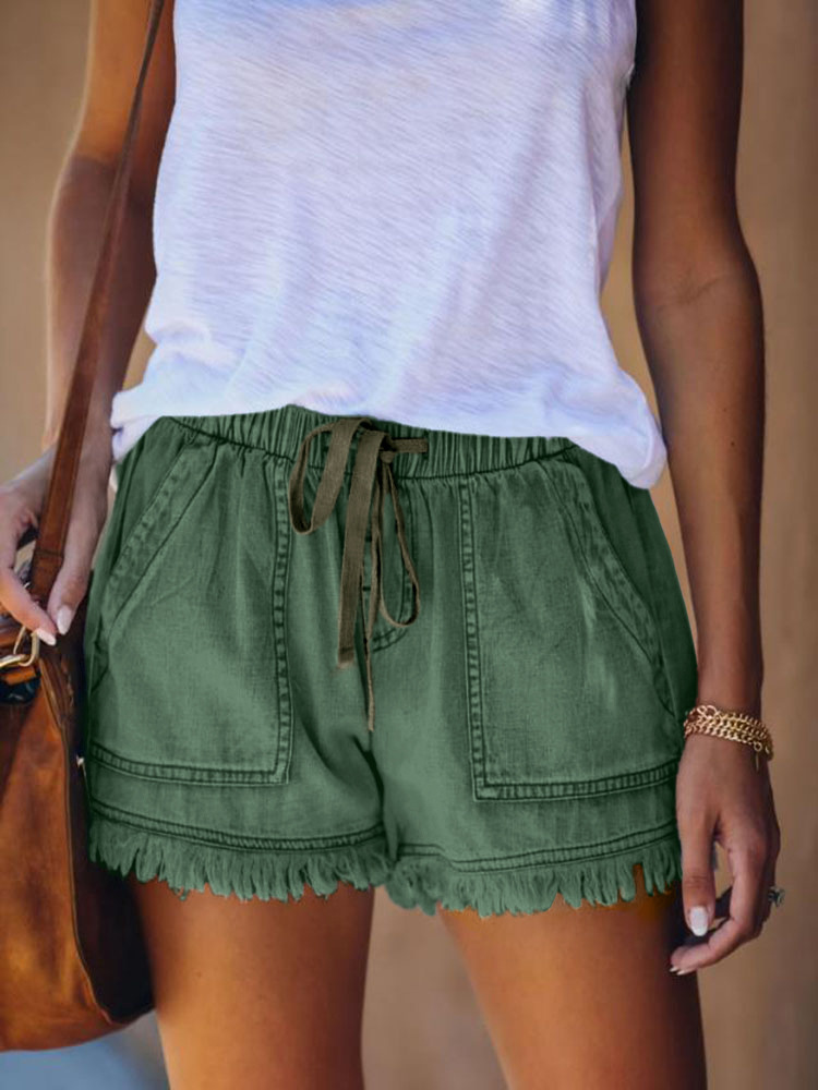 Picture of European and American Foreign Trade Cross-Border Supply Elastic Waist Casual High Waist Slim Tassel Denim Shorts for Women