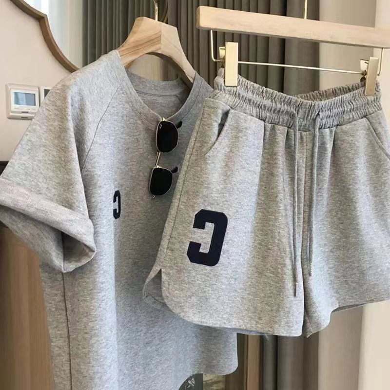 Summer New Fashion Casual Sports Suit C Letter Embroidered Short-Sleeved Shorts Popular Same Style Collar Two-Piece Set