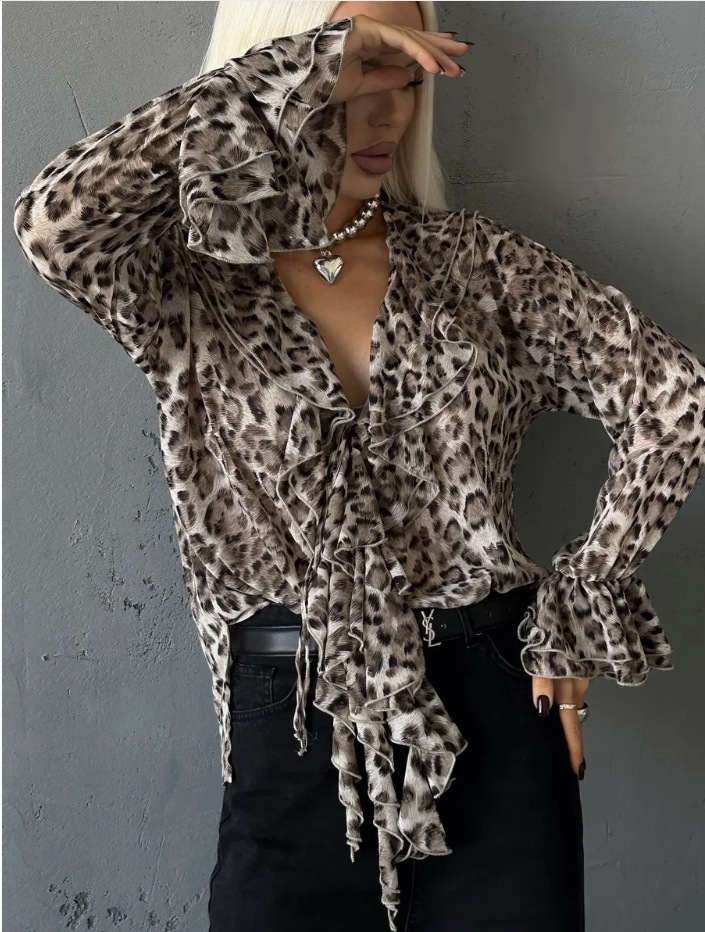 Picture of Spring European and American Style Cross-Border Women's New Fashion Ruffled Bell Sleeves V Neck Lace-Up Cross-Border Shirts for Women