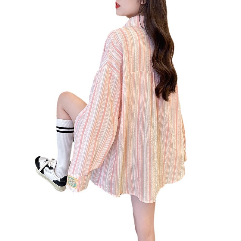 Picture of Summer high-grade Korean style retro fashion vertical striped long-sleeved shirt Women's loose casual niche sun protection top fashion