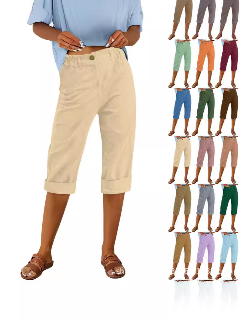 2024 European and American Women's Wish Amazon New Solid Color Cotton and Linen Fashion Loose High Waist Straight Casual Trousers Women