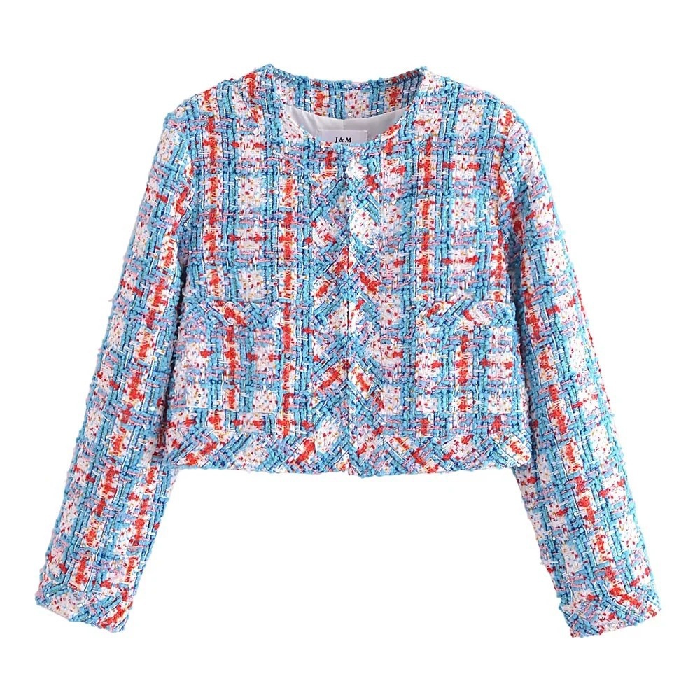 Foreign trade wholesale 2022 Europe and the United States cross-border autumn and winter new small fragrant Tweed long sleeve short jacket coat female socialite
