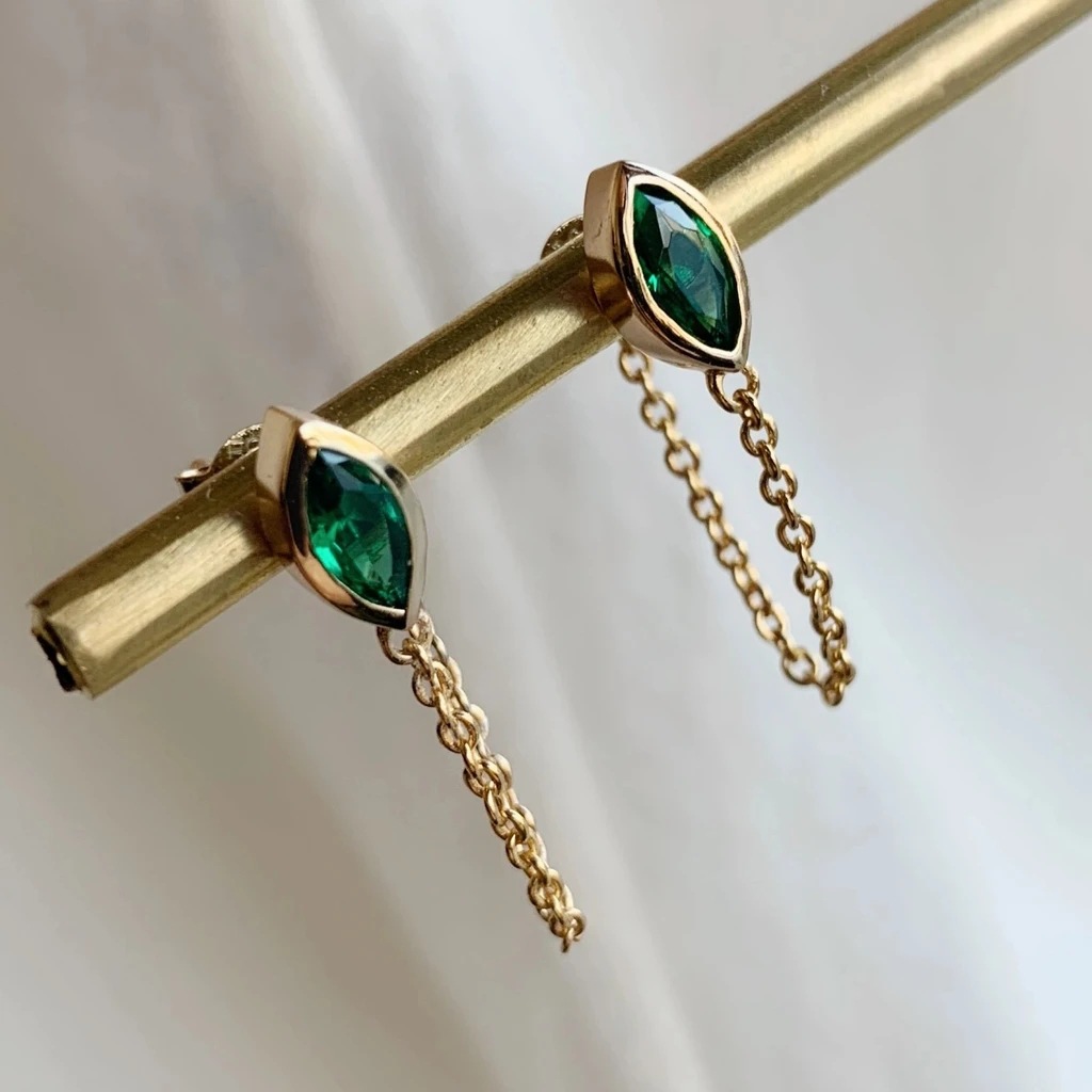 Hecheng Cross-border New Gold Emerald Chain Earrings Niche Design Sweet Tassel Earrings Yiwu Jewelry