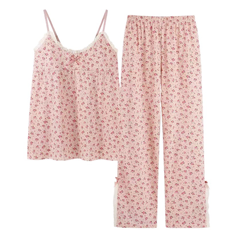 Pajamas with Chest Pad Women's Summer Sling Pajamas Pants Set Pastoral Style Vintage Pure Desire Floral Two-Piece Home Clothes