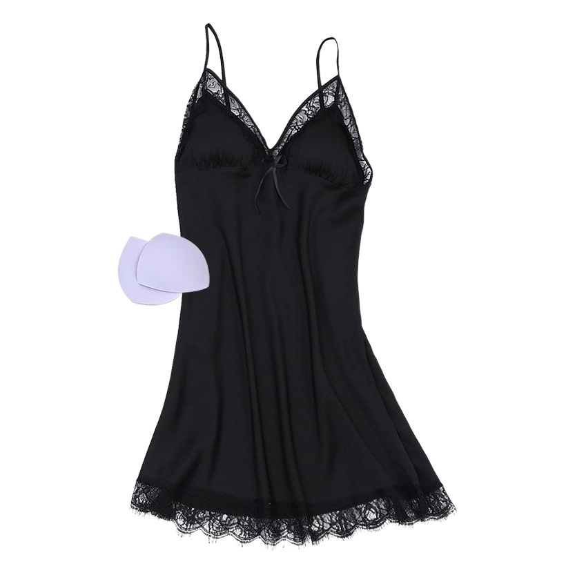 Silk-like Women's Sexy Nightgown Hollow-out Temptation Skirt with Chest Pad Lace Charming Skirt High-grade Summer Sling Pajamas