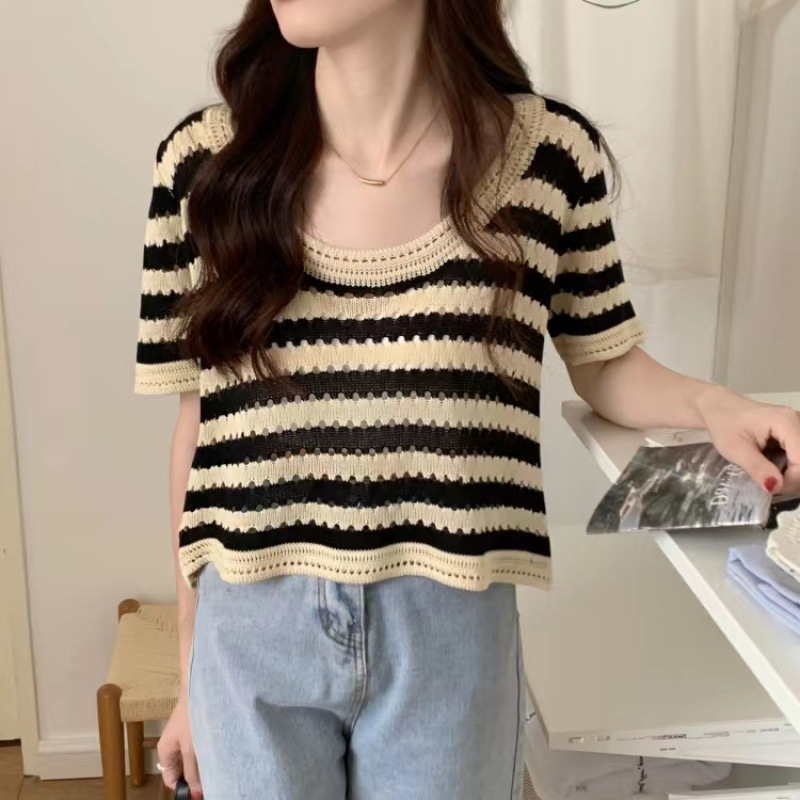 Picture of Plus size women's clothing summer Korean retro loose hollow design striped knitted short sleeve women's chubby girl slimming