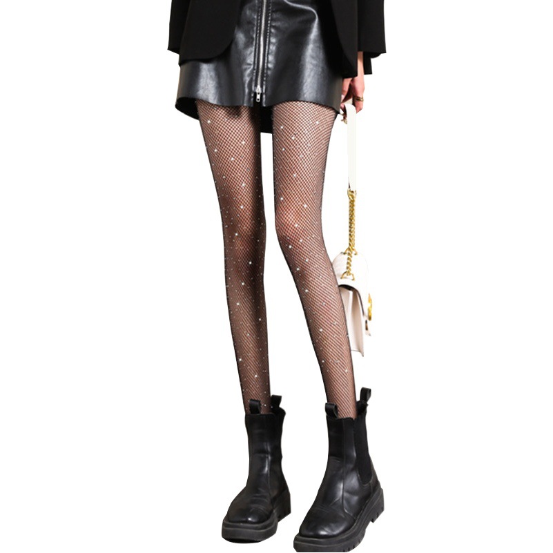 [With Diamond] Black Silk Stockings Women's Thin Ins Trendy Sexy Hollow Fishnet Stockings Spring Hot Diamond Shiny Foot Socks