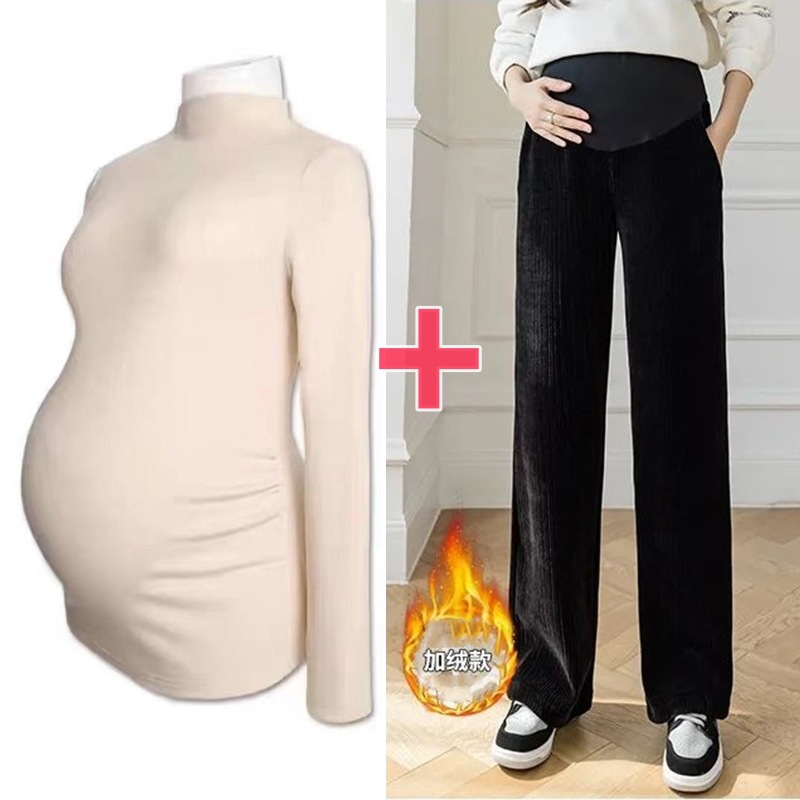 Picture of Pregnant women's clothing fashion spring autumn winter two-piece pregnant women adjustable abdominal pants solid color velvet warm bottoming shirt suit