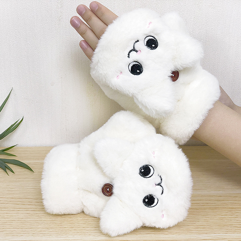 2025 New Stuffed Gloves Cartoon Cat Cute Half Finger Flip Warm Thickened Student Keyboard Gloves Women Winter
