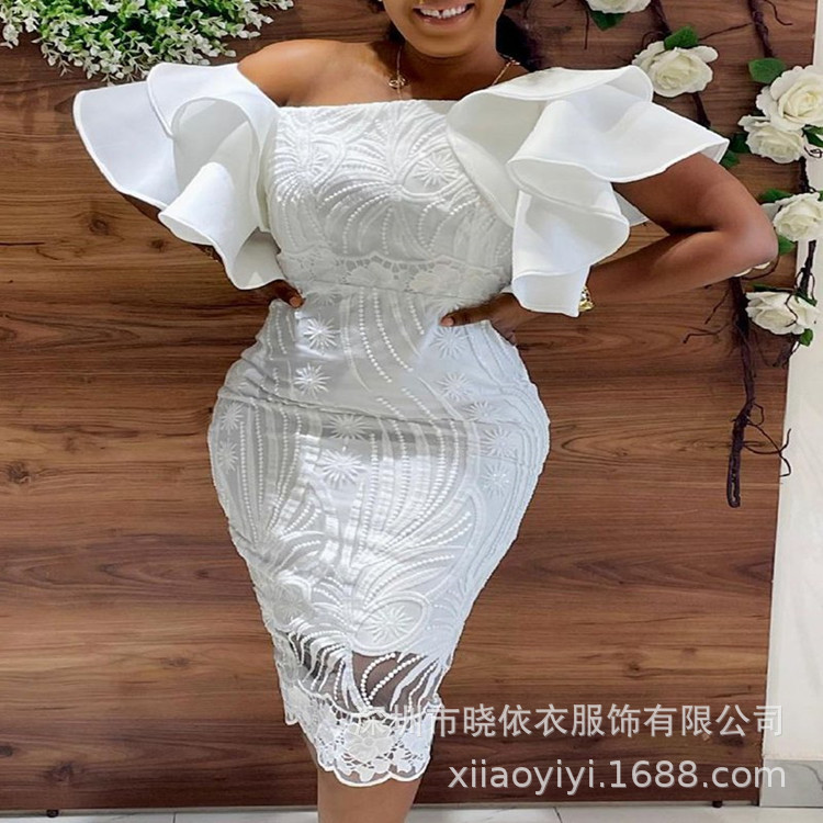 2021 Amazon Pullover Mid-Length Skirt Elegant Work Clothing High Waist Lace Slit Pure Color One-Line Collar White Dress