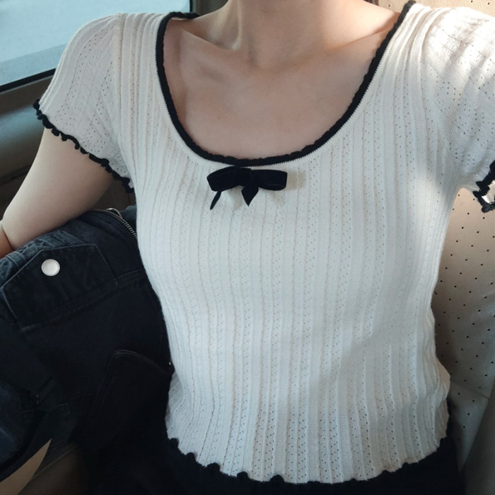 Picture of American Style Shoulder Contrast Lace Bow Knitted Short-sleeved T-shirt Women's Summer Tight Spice Girl Short Top