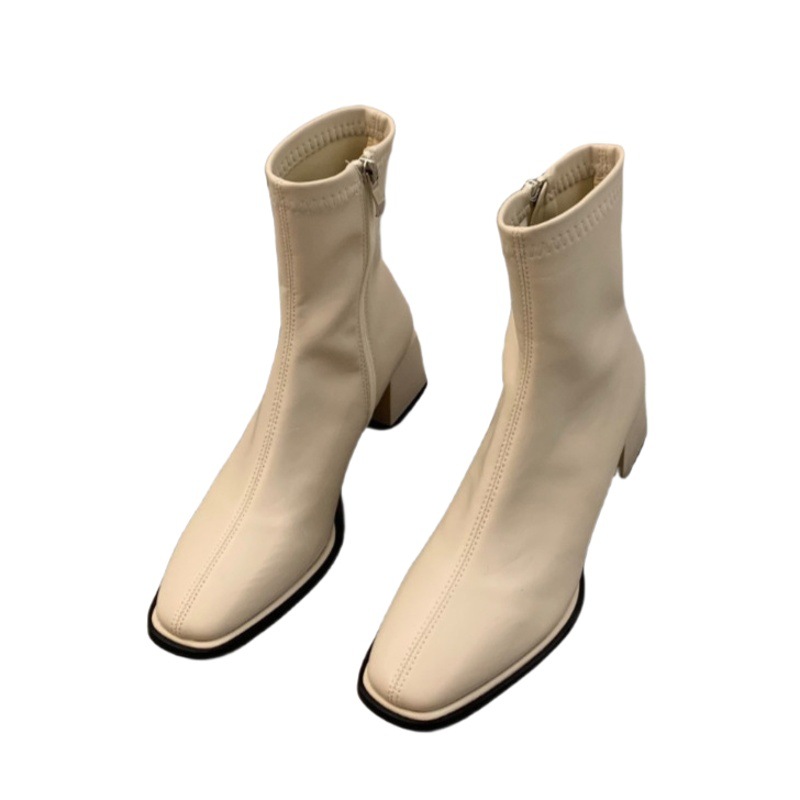 White high heel square toe thin French style short boots women's shoes 2023 new spring and autumn single boots Brown Martin boots