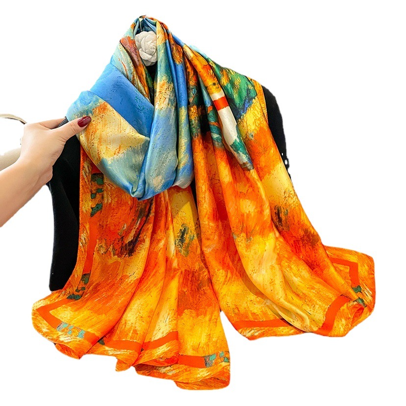 Lijin Silk Scarf Women's Versatile Spring & Fall Silks and Satins Scarf Sun Protection Shawl Long Beach Towel Thin Gauze Scarf Seaside