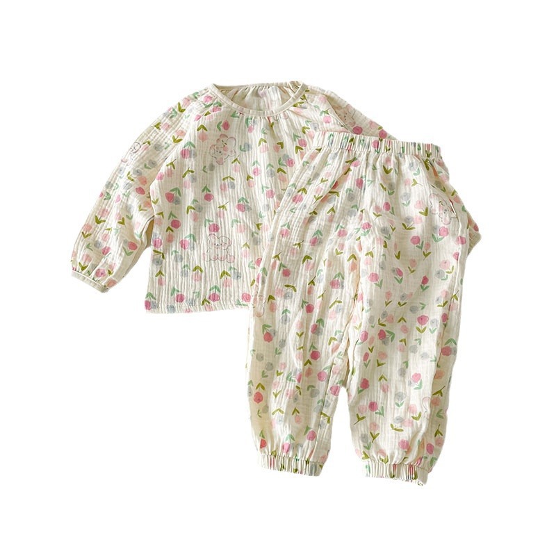 Picture of 2024 Children's Air-Conditioned Home Clothes Double-Layer Cotton Yarn Pajamas for Boys and Girls Pure Cotton Spring and Summer Thin Nefty Long-Sleeved suit