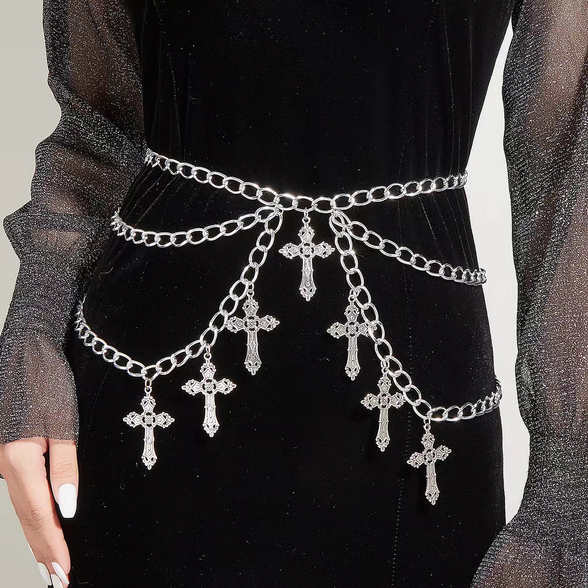 European and American cross-border jewelry punk hip-hop style simple multi-layer body chain retro temperament cross pendant waist chain