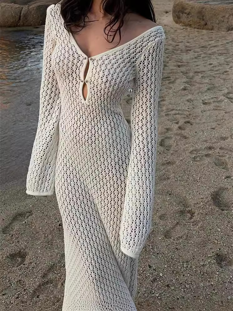 Sexy Hollow-out Long Dress Beach Dress Knitted Tight 2024 Spring and Summer Cross-border European and American Foreign Trade Dress