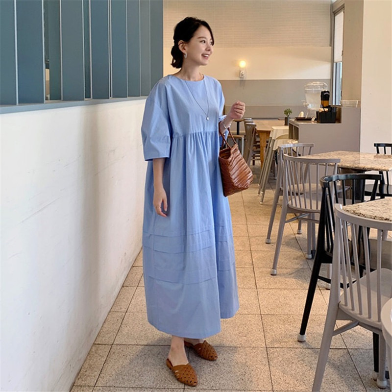 2024 Korean Style Chic Summer Niche Simple Solid Color Loose Bubble Sleeve Long Over-knee Stitching dress Women