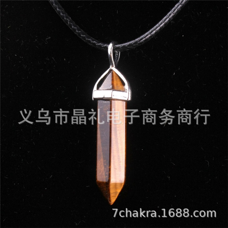 Picture of Natural Stone Hexagonal Pendant European and American Natural Crystal Hexagonal Prism Bullet Hexahedral Black Wax Rope Necklace