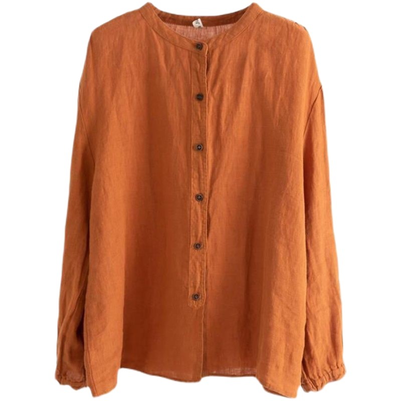 Picture of Artistic Retro Spring and Autumn Cotton Linen Shirt Women's Loose Round Neck Shirt Jacket Casual Jacket Neck Sleeve Top Women