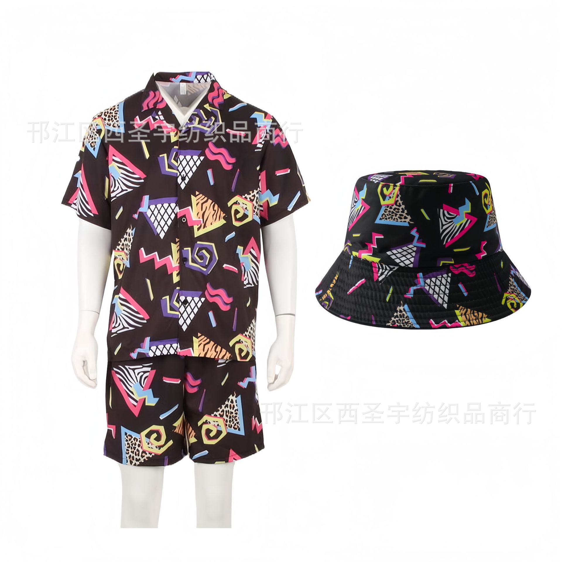 Cross-border Europe and the United States 80's clothing retro shirt shorts suit Hawaii beach men's disco party