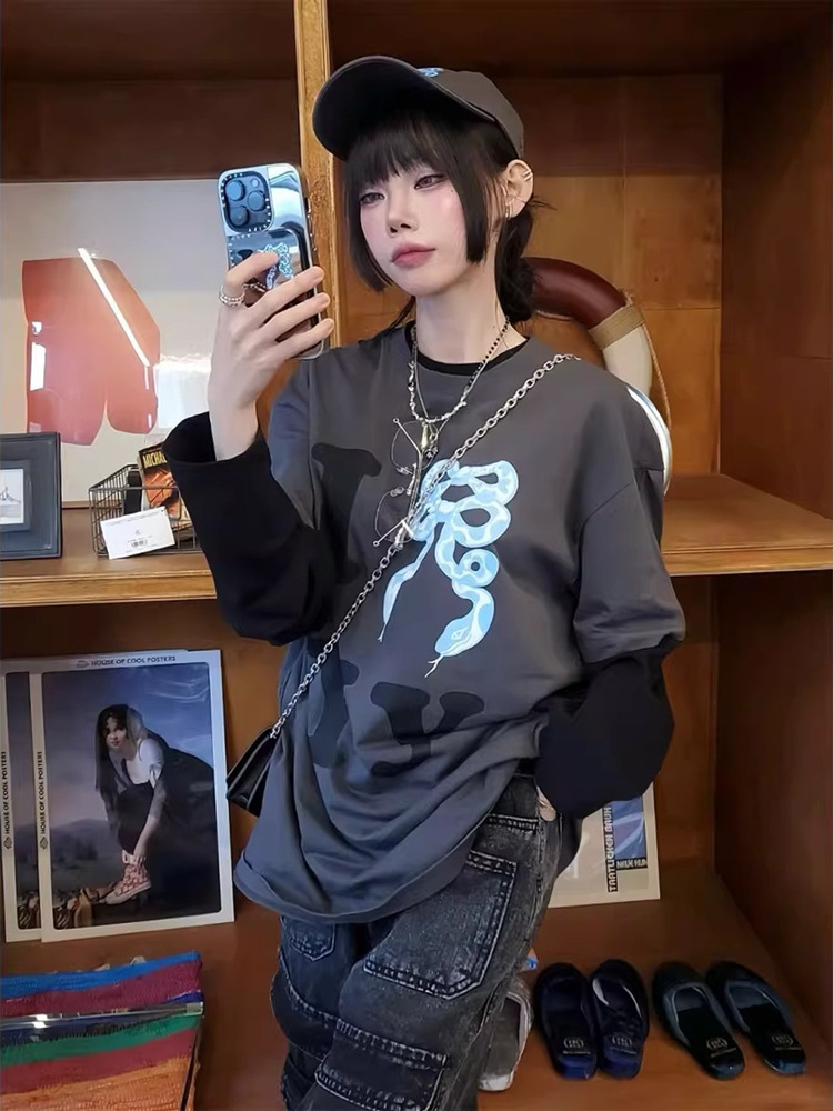 Star Same Style Cotton Short-sleeved T-shirt Year of the Snake Limited Snake Bow Printed Lazy Loose Top for Men and Women