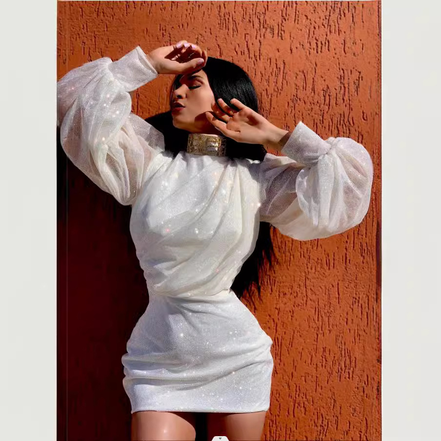 Europe Africa Sexy Boots Short Skirt European and American Export Long Sleeve High Neck Party Night Sequin Women's Skirt