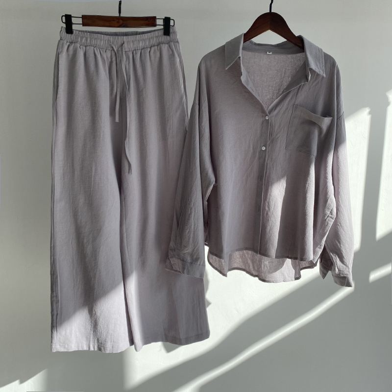 Picture of Cross-border Amazon Women's 2-piece Vintage Plus Size 2022 Cotton and Linen Shirt suit High Waist Loose Trousers