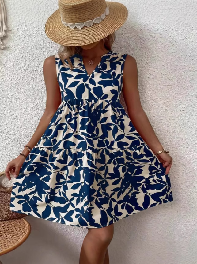 Cross-Border 25 Amazon Independent Station Export Women's Clothing Bohemian Fashion Loose V Neck Pleated Printed Dress