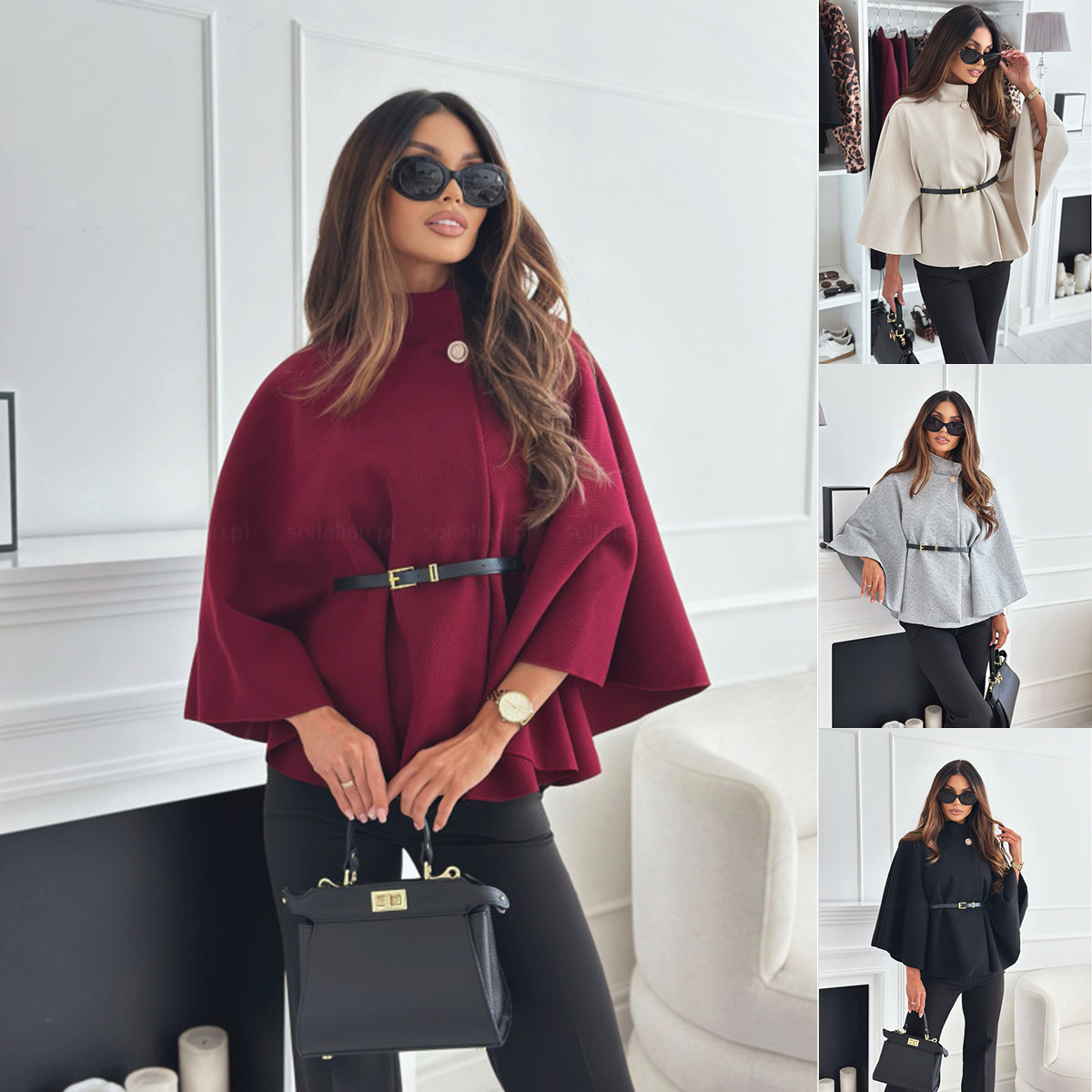 Cross-border foreign trade European and American women's clothing Amazon AliExpress 2024 autumn and winter solid color waist strap wool cape coat