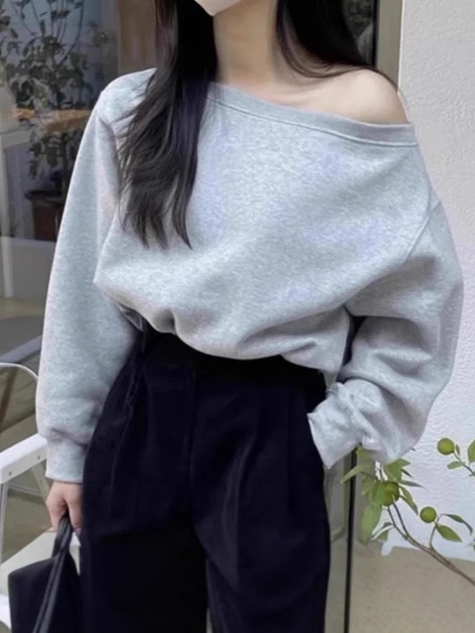 American Retro Autumn and Winter Niche Elegant One-character Collar Shoulder Loose Casual All-match Short Long-sleeved Solid Color Sweat for Women
